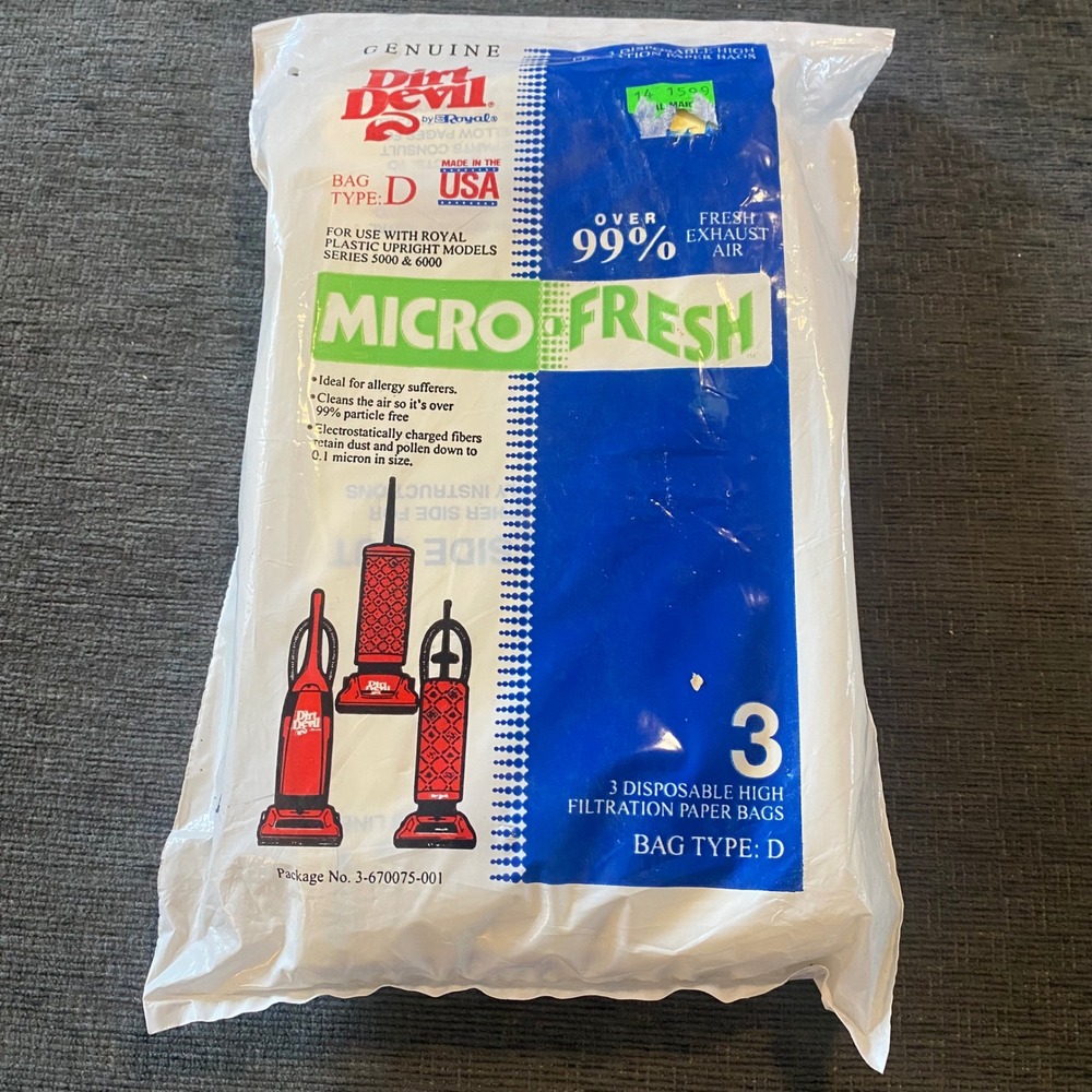 Dirt Devil Vacuum Bags Royal Type D 3pk New Micro-Fresh